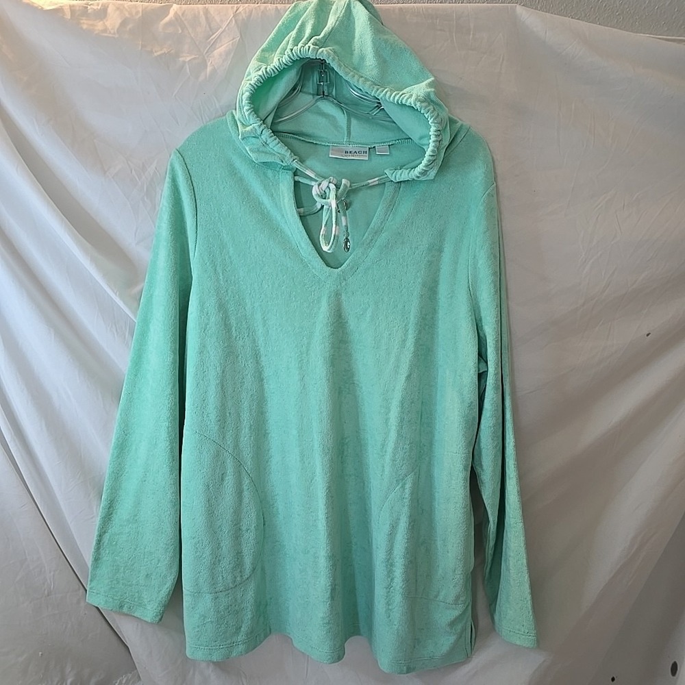 Belle Beach Kim Gravel Terry Cloth Hooded Pullover Tunic Coverup Swim Green Sz L